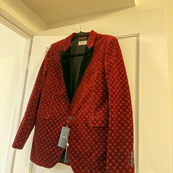 NWT Saint Laurent YSL Velvet Evening Blazer Jacket In Burgundy Sz 42 - Picture 6 of 11